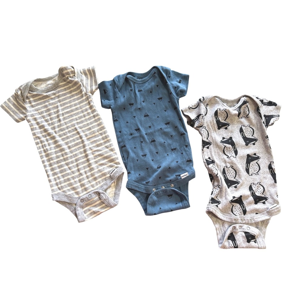 Gerber Organic Cotton Onesies Baby 3-6M Blue Grey Stripe Mountain Badger 3Pk